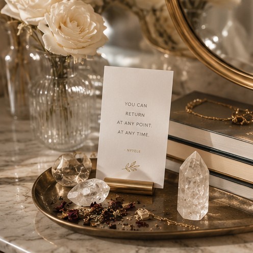 A channeled ritual card resting on marble with dried rose buds